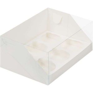 Коробка для капкейков на 6 шт  с пластиковой крышкой белая 23,5*16*10