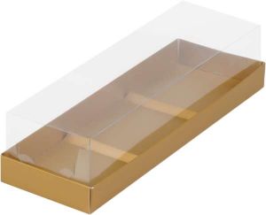 Коробка под муссовые пирожные с пластиковой крышкой золотая 29*9,5*8 см на 3 шт