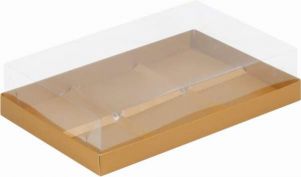 Коробка под муссовые пирожные с пластиковой крышкой золотая 30*30*8 см на 9 шт