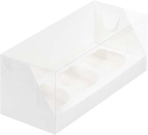 Коробка для капкейков на 3 шт белая 24*10*10 см с пластик. крышкой