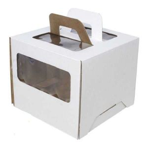 Коробка для торта 28*28*20 см белая с окном с ручками
