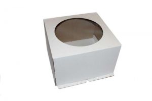 Коробка для торта с окном  гофрокартон белая 28,5*28,5*19,5 см.