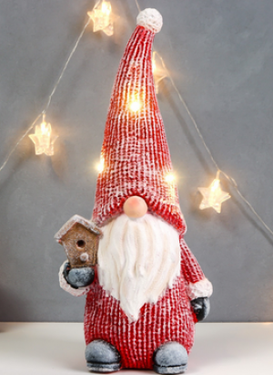 Сувенир керамика свет "Дедуля Мороз в красном полосатом наряде со скворечником" 47х21х15 см