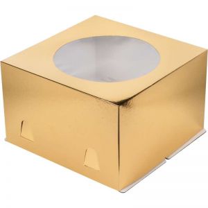 Коробка для торта с окном золото 24*24*18 см.