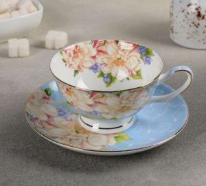 Чайная пара "Чайная роза" чашка 200 мл, 13х10х5,5, блюдцем 15 см, цвет голубой