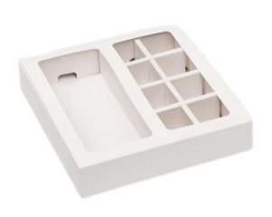 Коробка для шоколадки + на 8 конфет белая с окном 200*200*30 мм