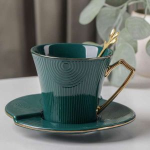Чайная пара "Элизабет" чашка 240 мл, 11,5х9х8 см, блюдце 13,5  см, ложка, цвет зеленый   6248608