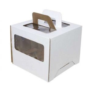 Коробка для торта 24*24*20 см белая с окном с ручками